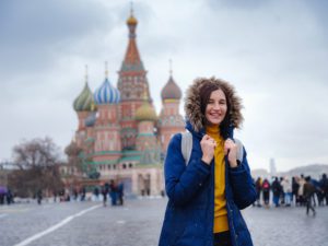 Asian Tourist In Travel Vacations In Winter Moscow